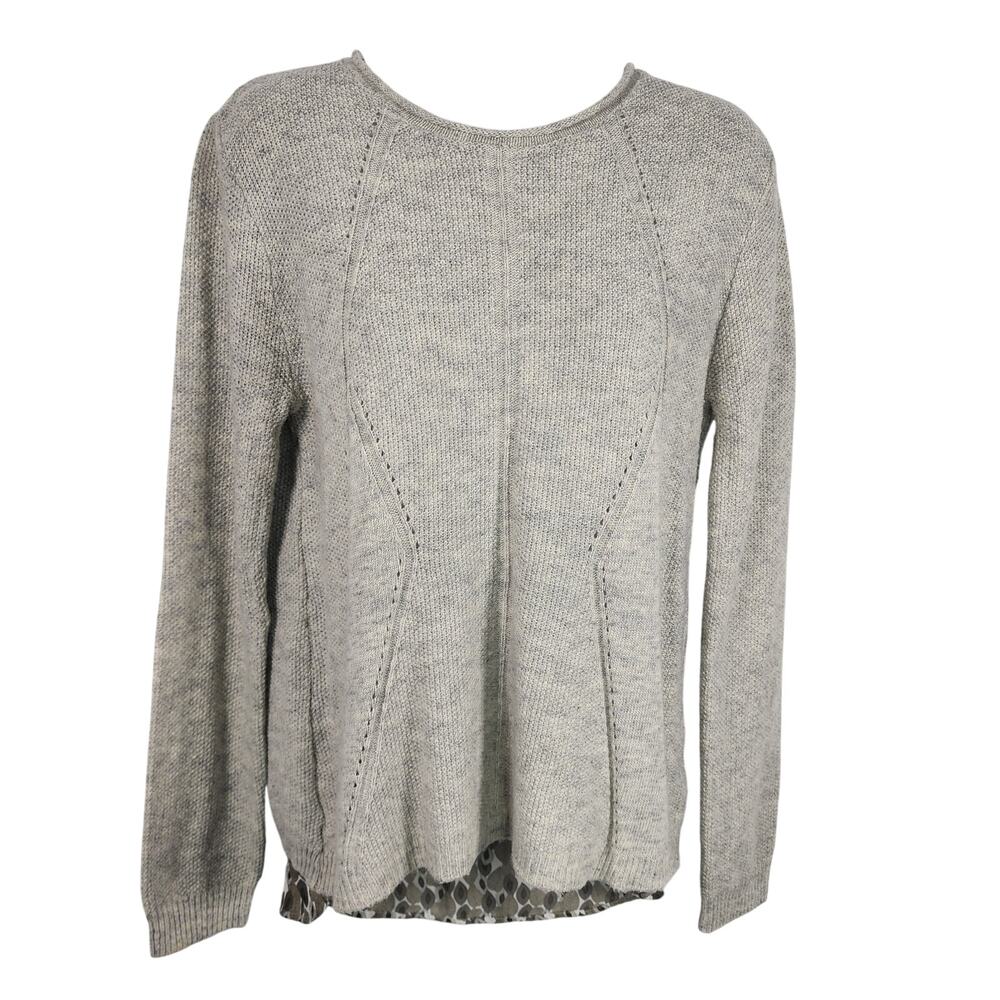 Coin 1804 Women Sweater Gray Split Back Leaf Print Shirttail Hem Pointelle Small